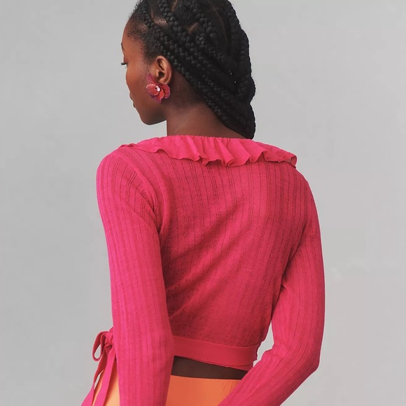 Anthropologie Maeve Linen Ruffled Wrap Cardigan Sweater - Picture 7 of 8